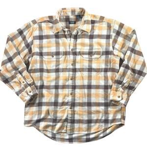 IZOD Jeans Plaid Flannel Shirt L Brown Yellow Cream Vintage Workwear Y2K Outdoor